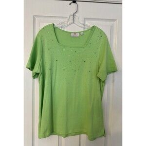 NWOT Quacker Factory women green embellished gems square neck top shirt LARGE